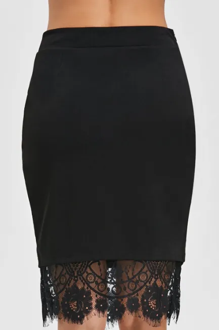 Bodycon Skirt with Slit and Lace Trim