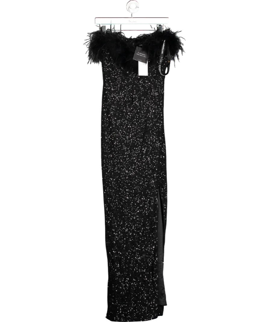 Club L Black Bodycon Sequin Maxi Dress With Feather Trim UK 8