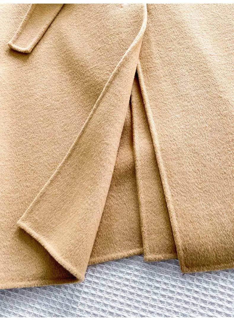 Elegant Maxi Long Wool Plain Belt Double-face Jacket