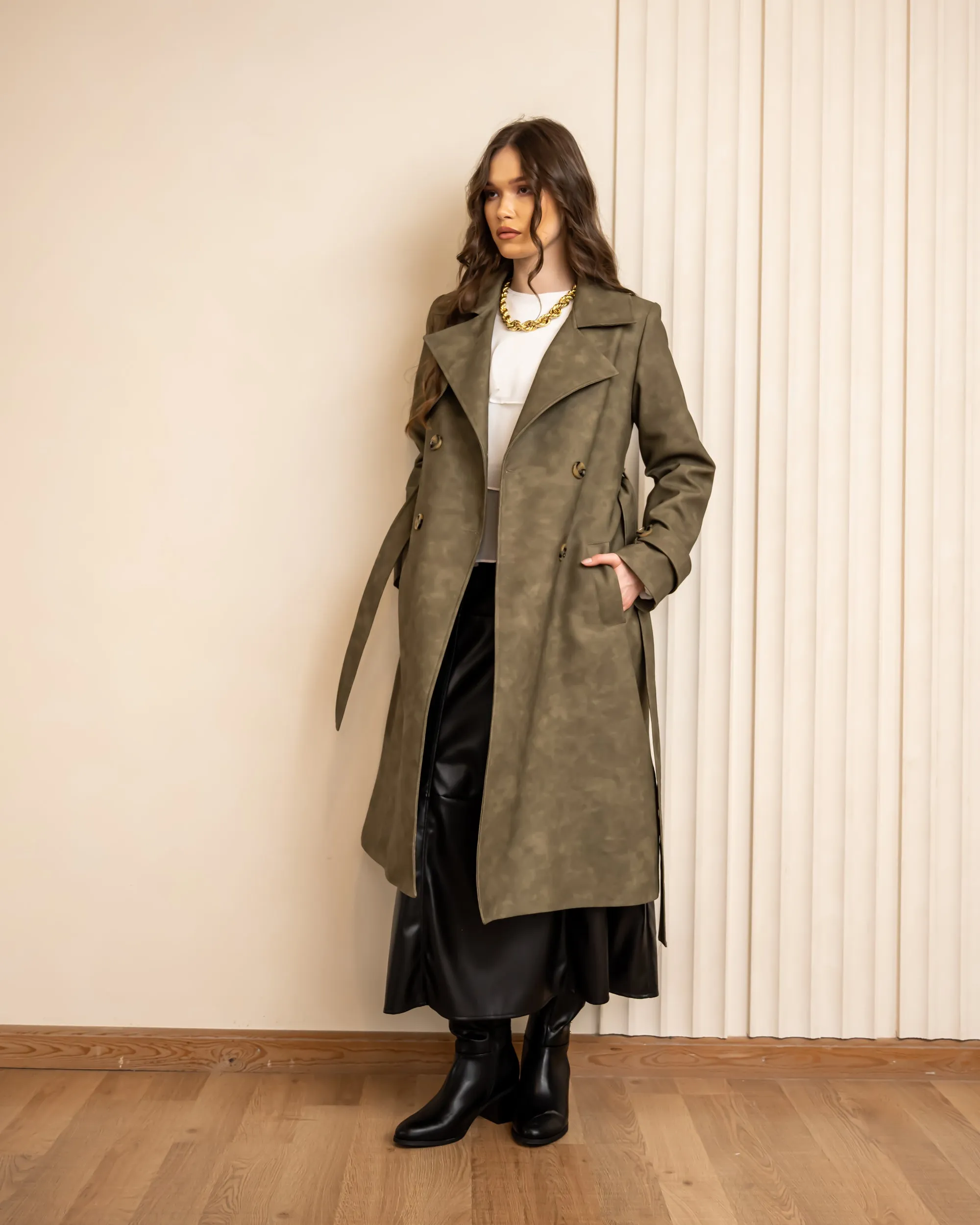 LEATHER TRENCH COAT-OLIVE