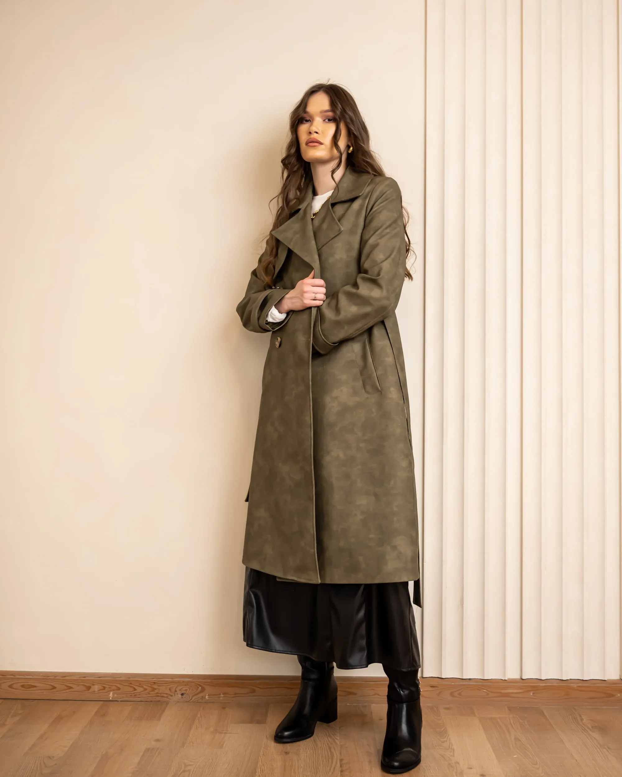 LEATHER TRENCH COAT-OLIVE