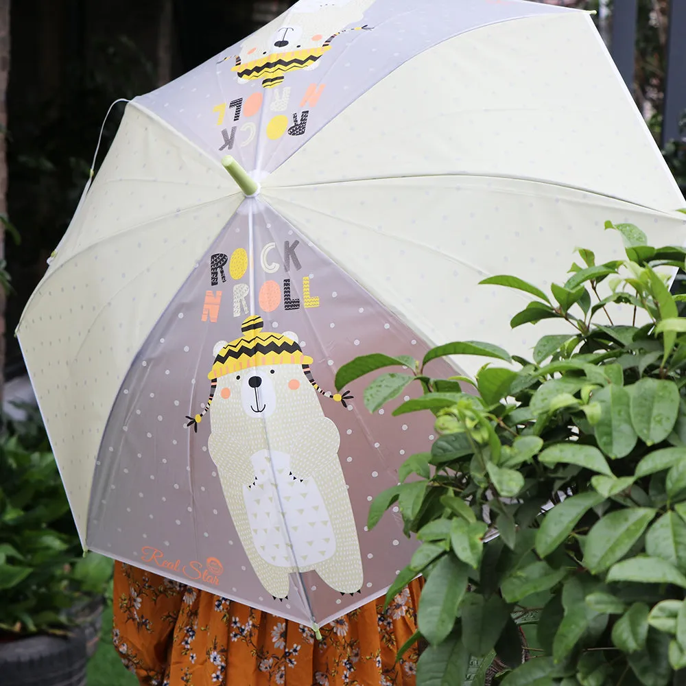 Little Surprise Box, Olive Green, Translucent Rock And Roll Kelly Jo Teddy Print With Polka Dots, Rain And All-Season Umbrella For Kids & Adults.