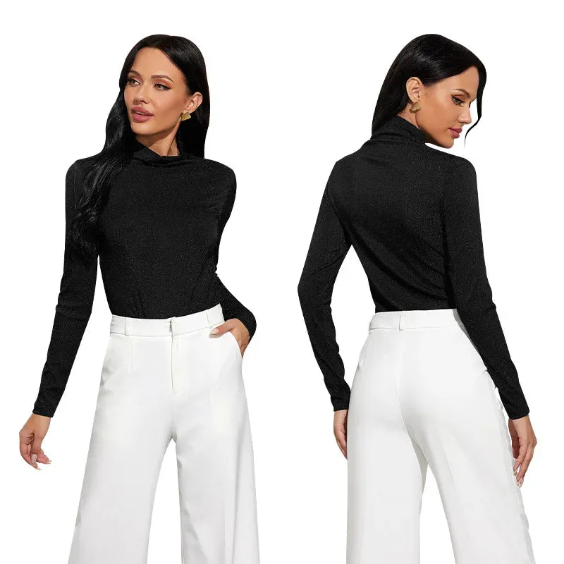 Long Sleeve Bodysuit Half Turtleneck Bright Silk Black