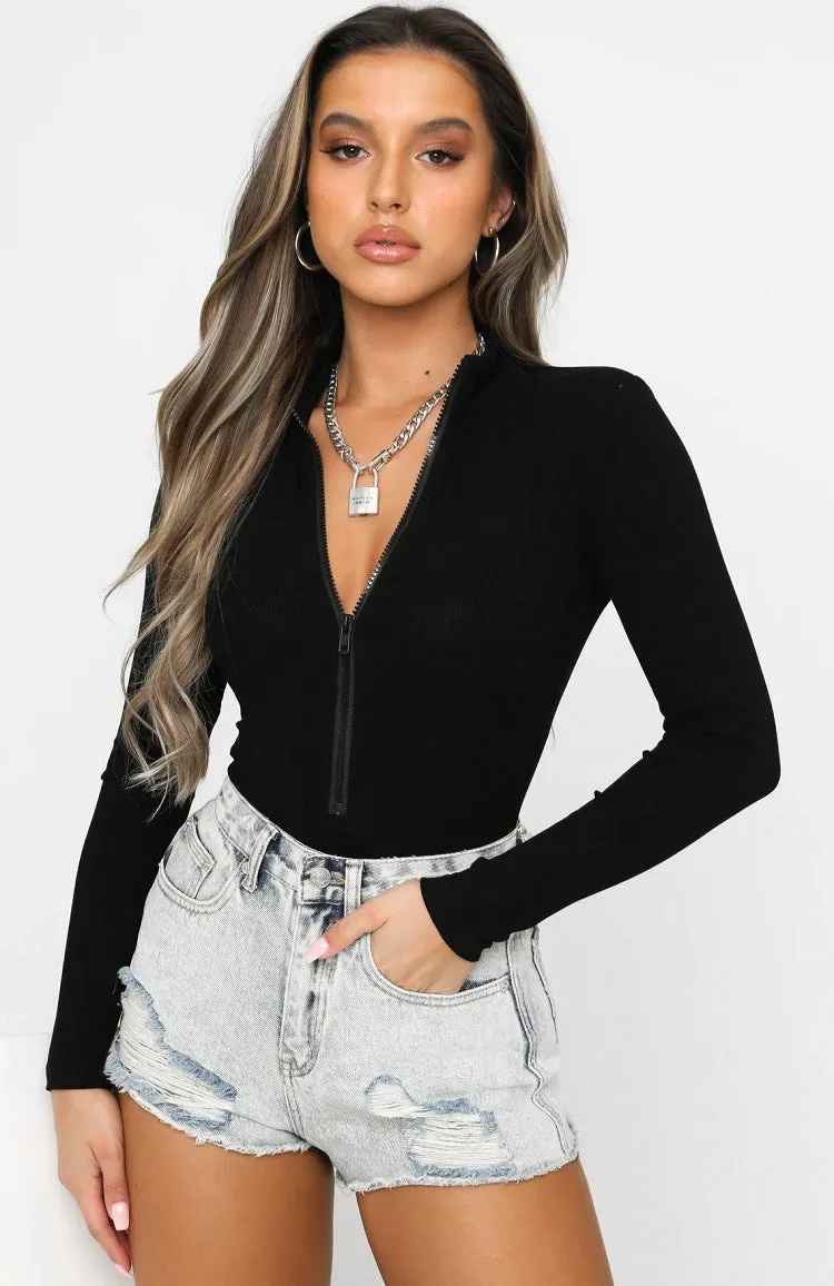 Long Sleeve White Bodysuit with Zipper
