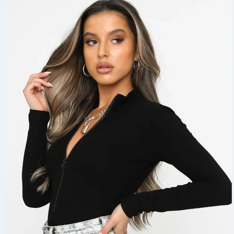 Long Sleeve White Bodysuit with Zipper