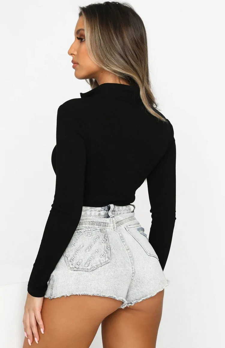 Long Sleeve White Bodysuit with Zipper