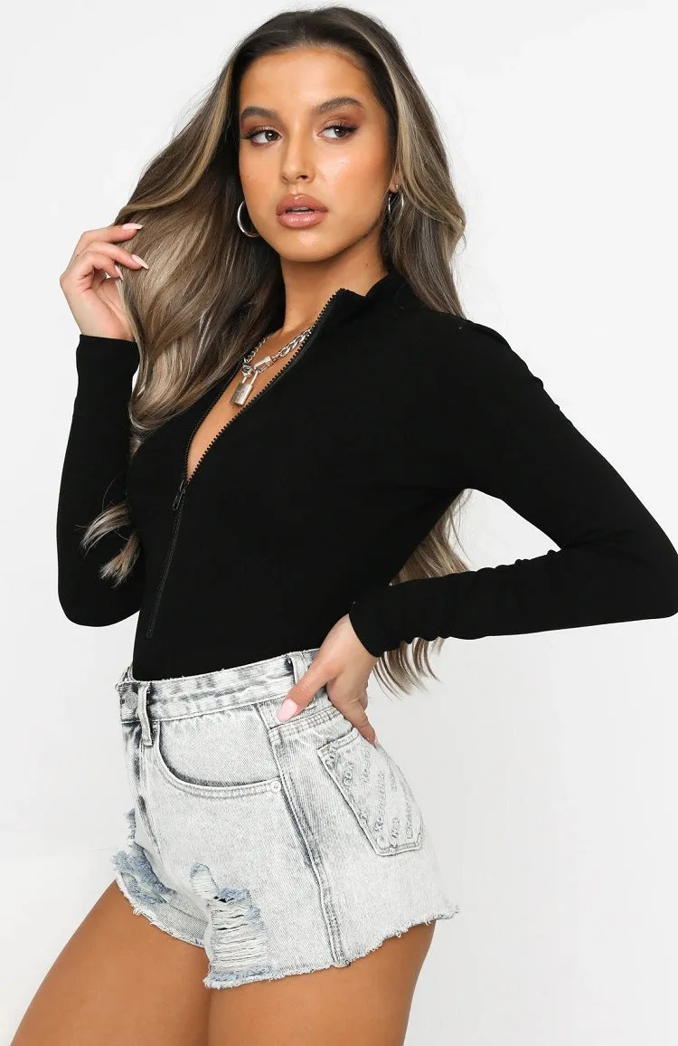 Long Sleeve White Bodysuit with Zipper