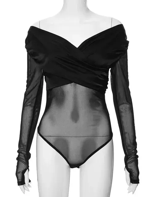 Long Sleeved See Through Mesh High Strecth Tight Fit Black Bodysuits