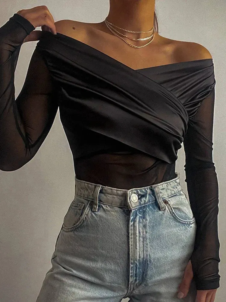 Long Sleeved See Through Mesh High Strecth Tight Fit Black Bodysuits