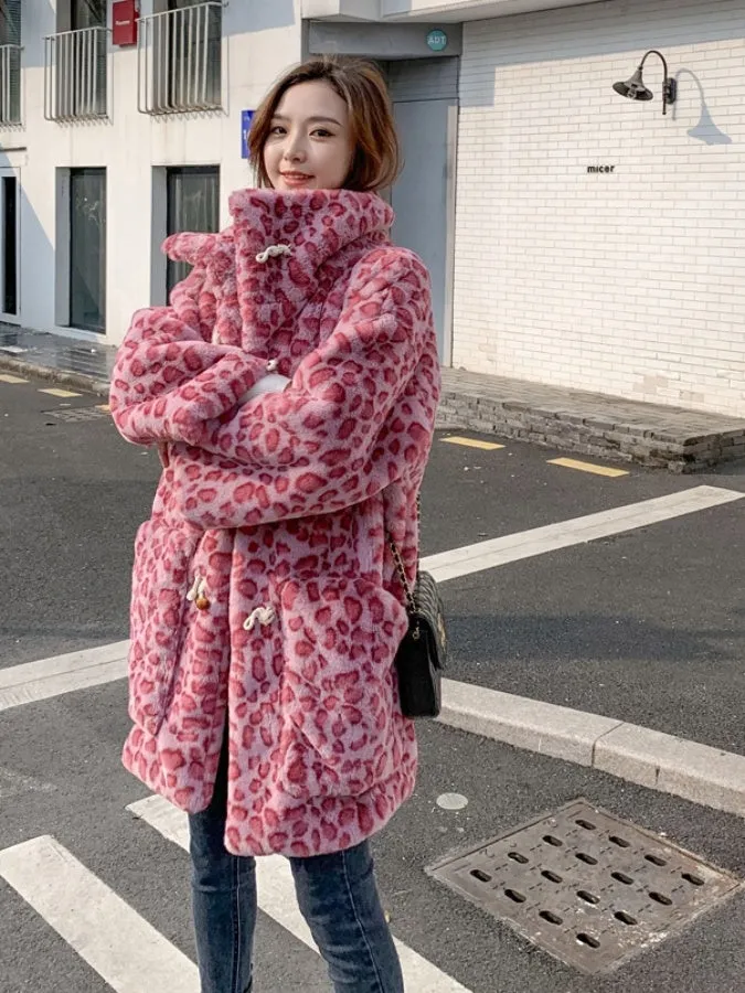 Mid Length Pink Leopard Faux Fur Coat　X2859