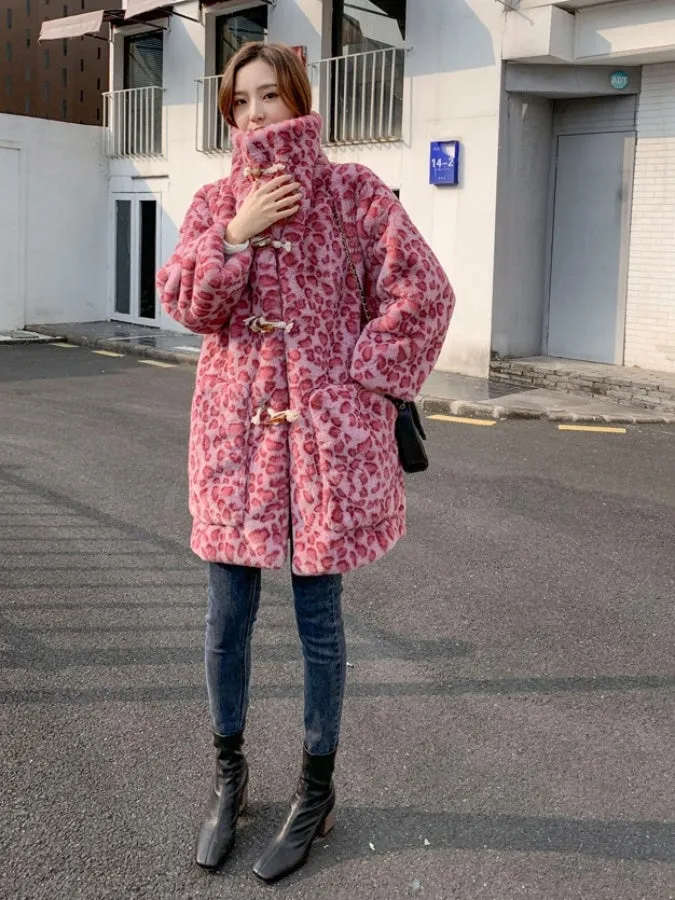 Mid Length Pink Leopard Faux Fur Coat　X2859