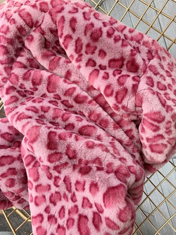 Mid Length Pink Leopard Faux Fur Coat　X2859