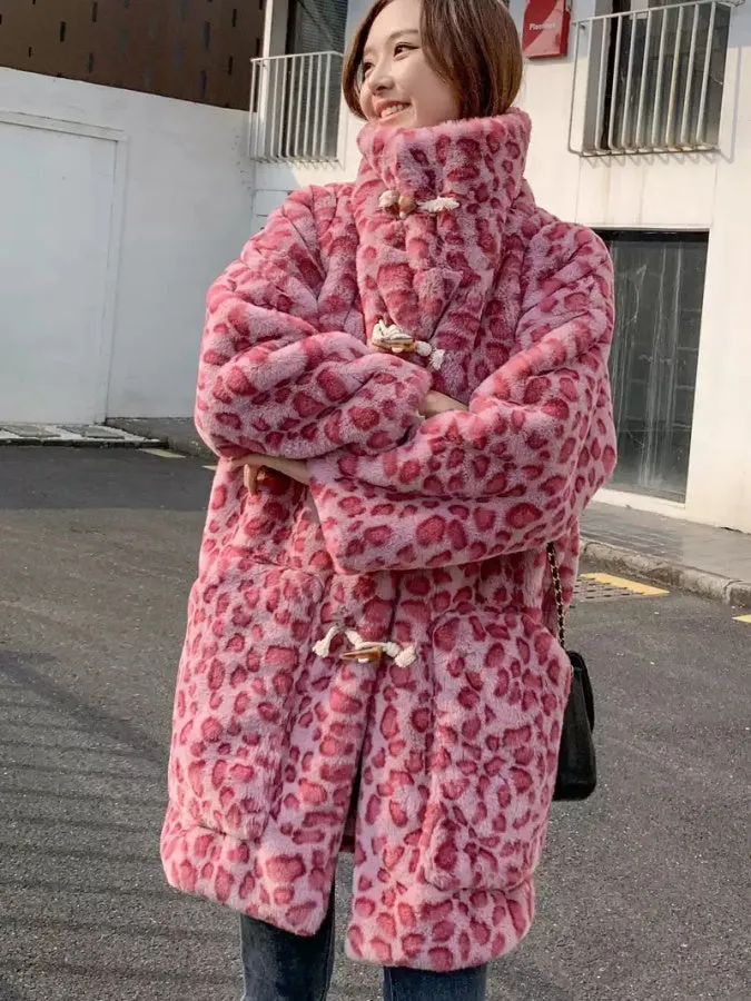 Mid Length Pink Leopard Faux Fur Coat　X2859