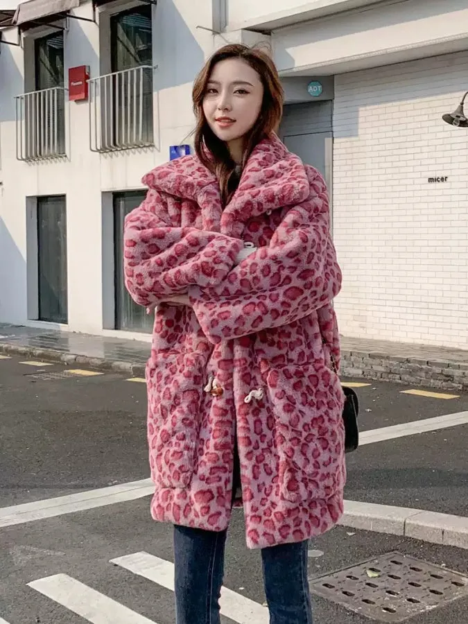 Mid Length Pink Leopard Faux Fur Coat　X2859