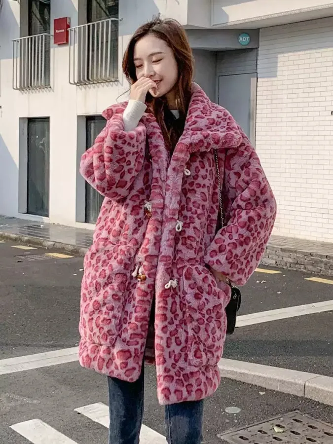 Mid Length Pink Leopard Faux Fur Coat　X2859