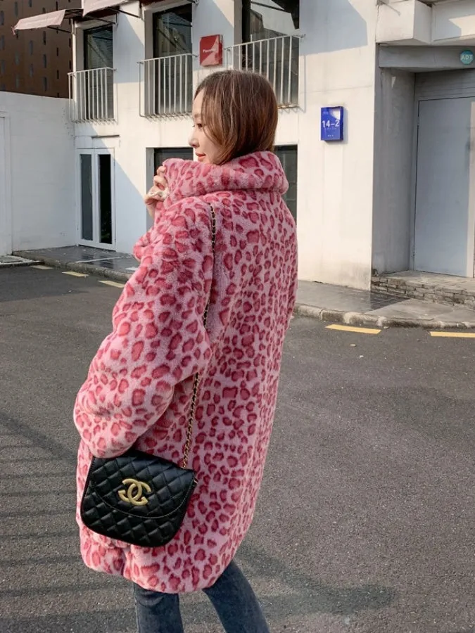 Mid Length Pink Leopard Faux Fur Coat　X2859