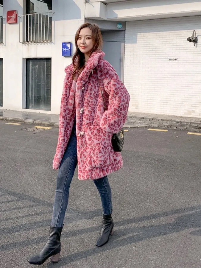Mid Length Pink Leopard Faux Fur Coat　X2859