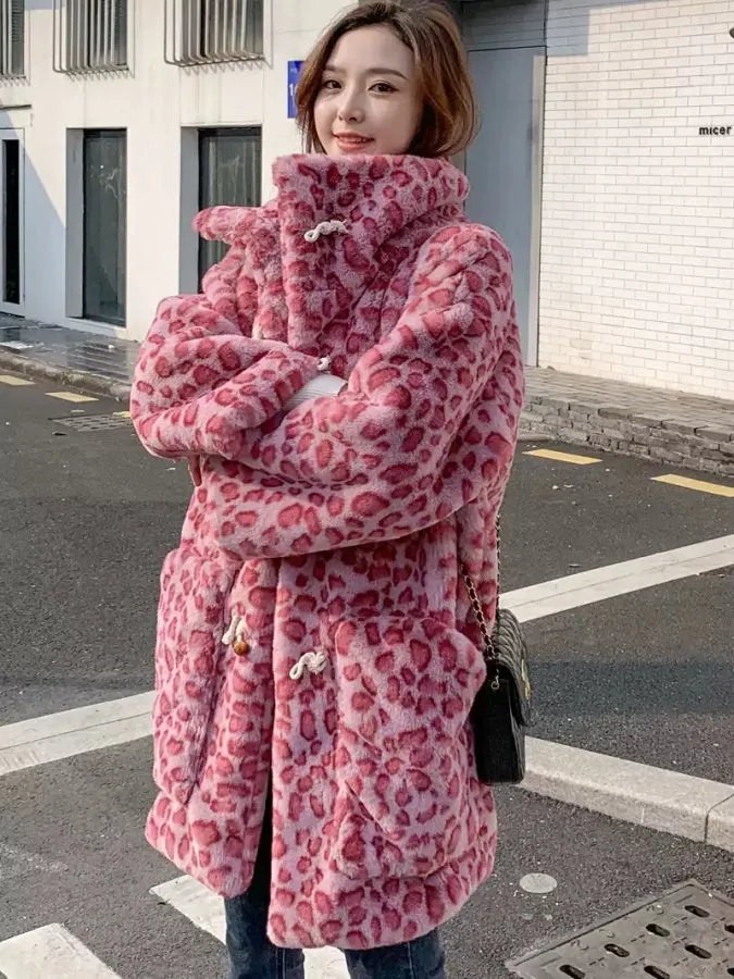 Mid Length Pink Leopard Faux Fur Coat　X2859