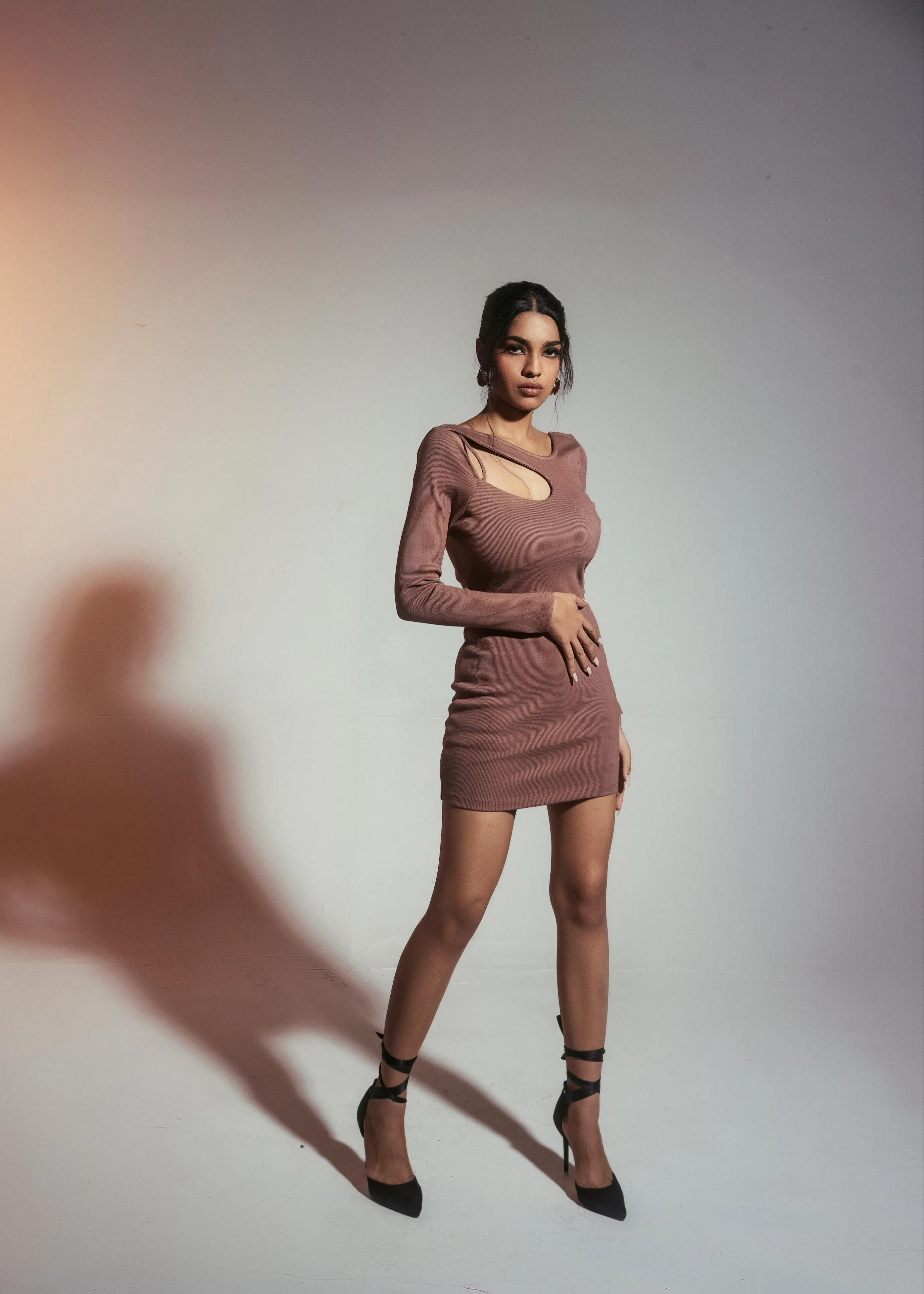 Nieve Brown Rib Cutout Mini Dress