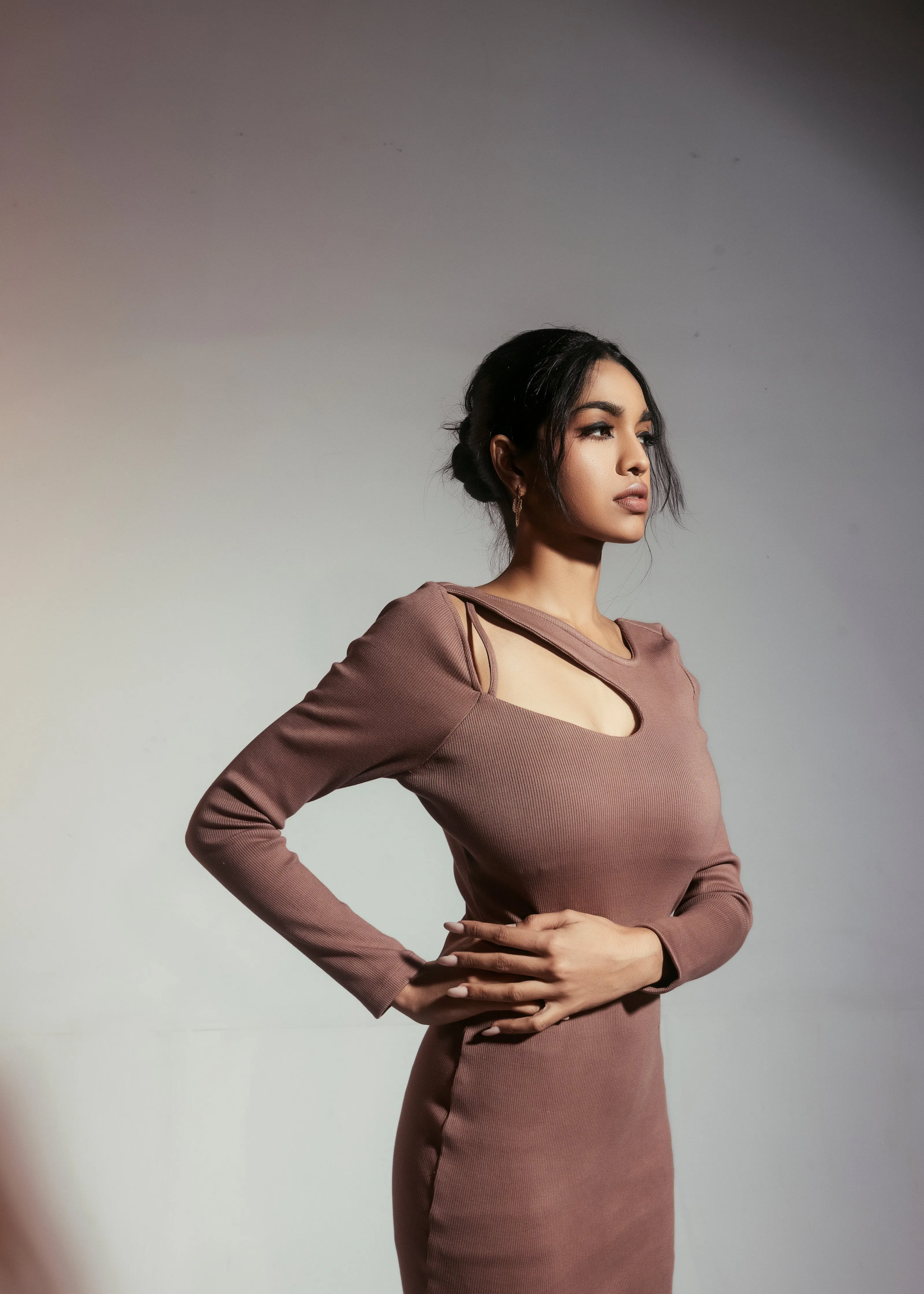 Nieve Brown Rib Cutout Mini Dress