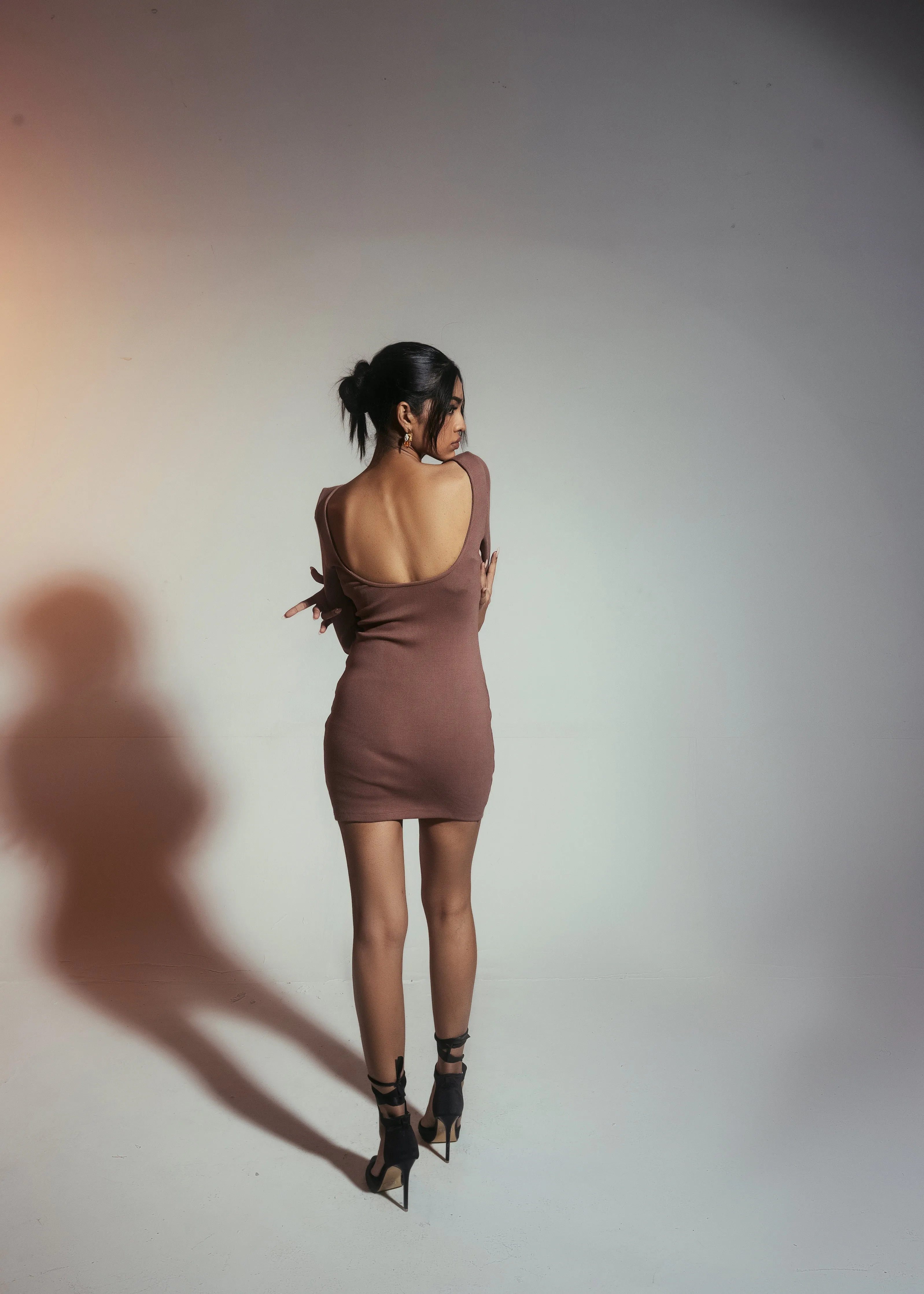 Nieve Brown Rib Cutout Mini Dress