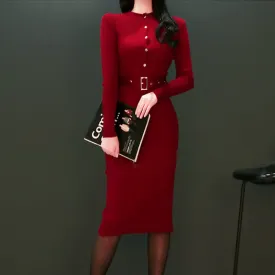 OL temperament slim knit single-breasted fashion bag hip sweater knitted dress