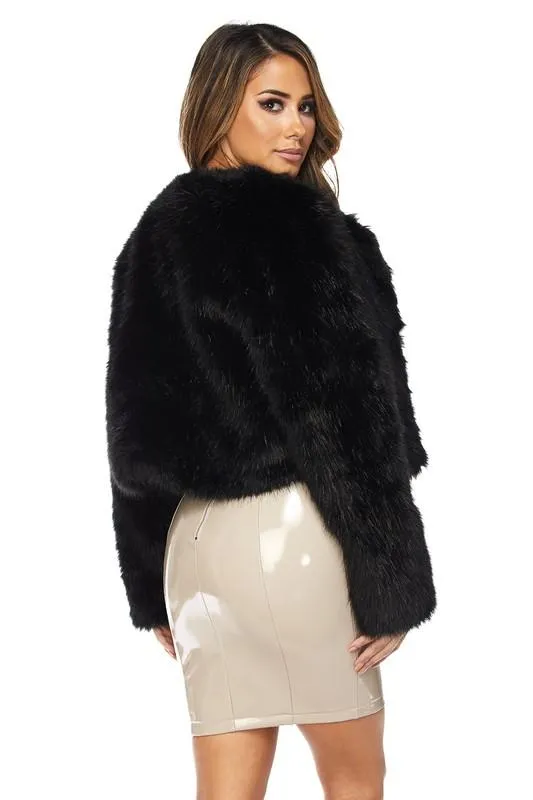 Open Front Faux Fur Jacket - Black