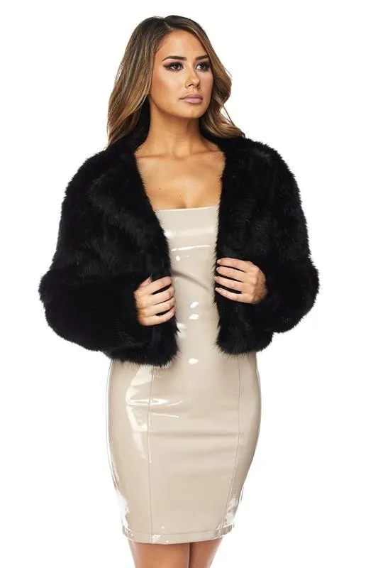 Open Front Faux Fur Jacket - Black