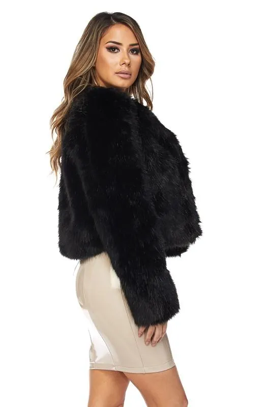 Open Front Faux Fur Jacket - Black
