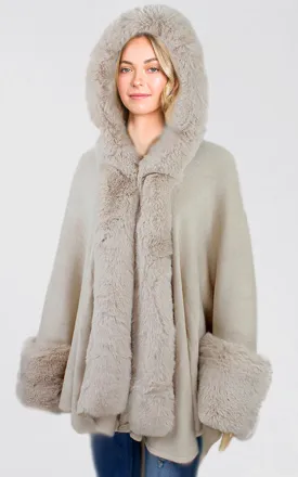 P1772 Faux Fur Trim Cape/Ruana w/Hood