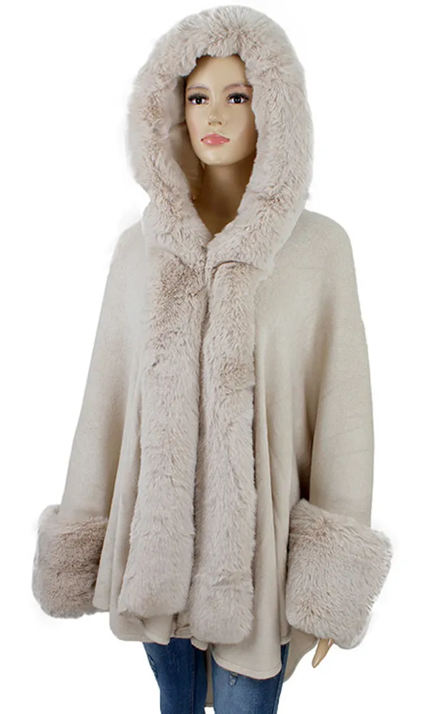 P1772 Faux Fur Trim Cape/Ruana w/Hood