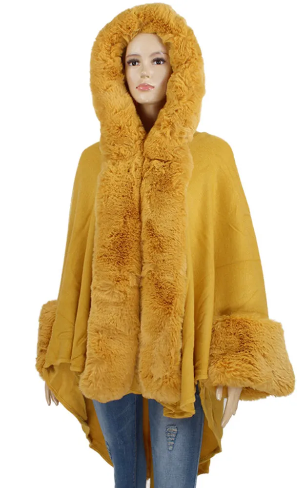P1772 Faux Fur Trim Cape/Ruana w/Hood
