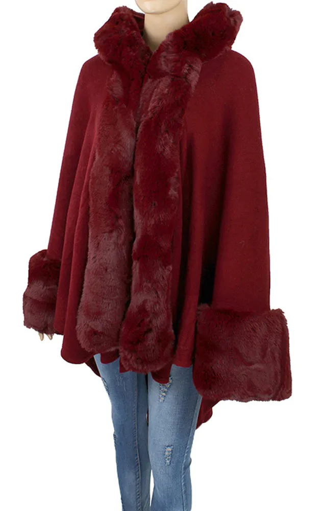 P1772 Faux Fur Trim Cape/Ruana w/Hood