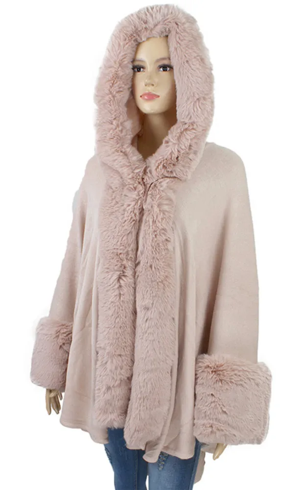 P1772 Faux Fur Trim Cape/Ruana w/Hood
