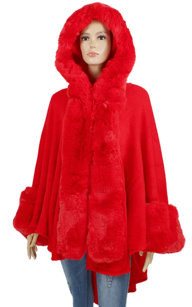 P1772 Faux Fur Trim Cape/Ruana w/Hood