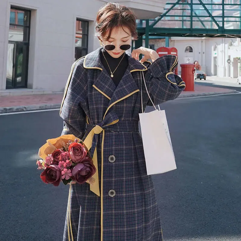 Stylish Blue Plaid Wool Blend Winter Coat for Women