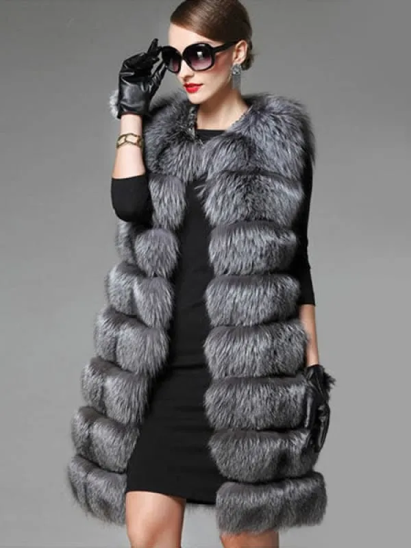 Women Faux Fur Vest Sleeveless Jacket Grey Quilted Gilet